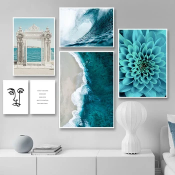 

Ocean Waves Blue Flower Wall Poster Sea Beach Landscape Canvas Print Nordic Painting Scandinavian Art Room Decoration Picture