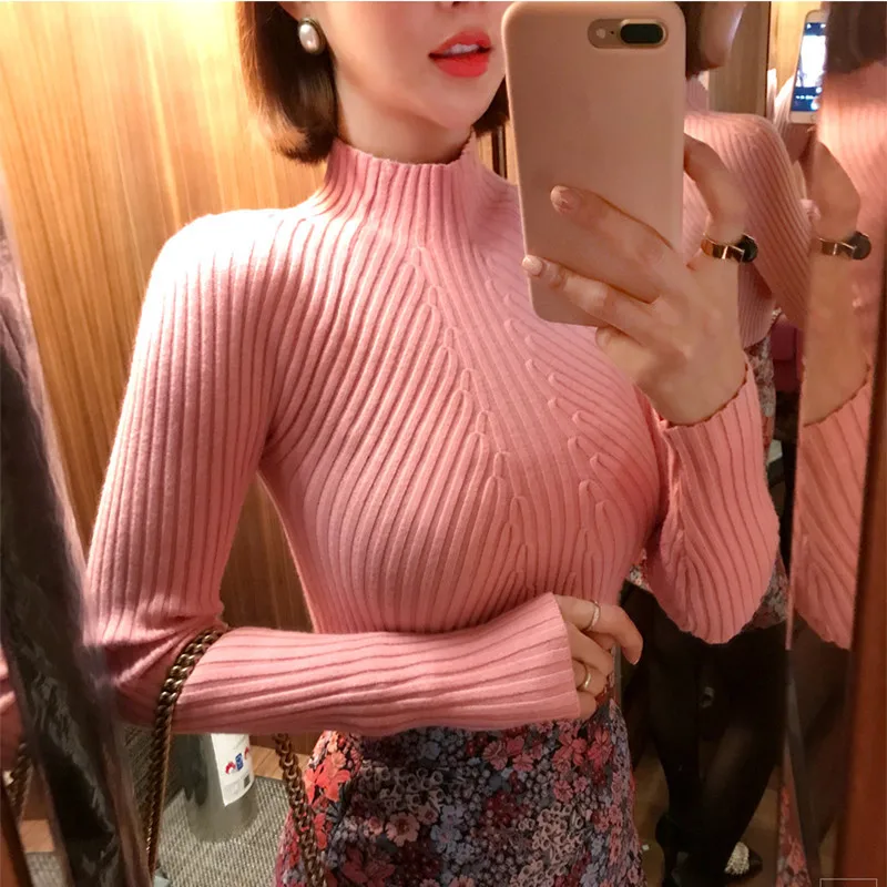 

OLOME 2019 Womens sweaters 8 colors Autumn high elastic Solid Turtleneck sweater women slim sexy tight Bottoming Knitted Pullove