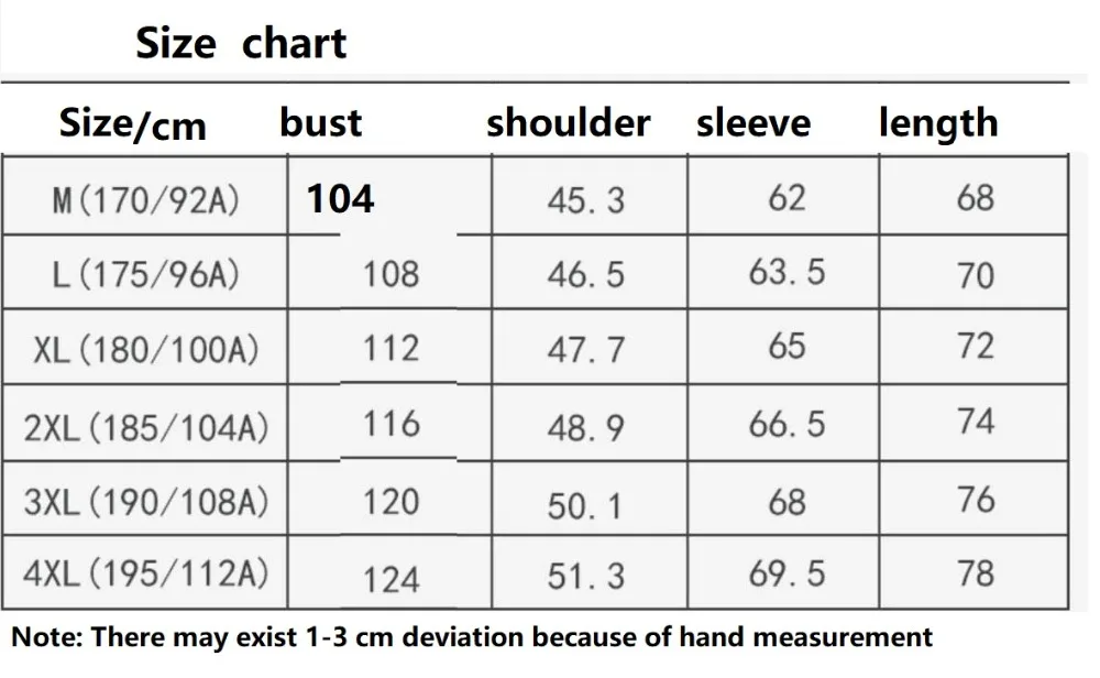 size chart  for men