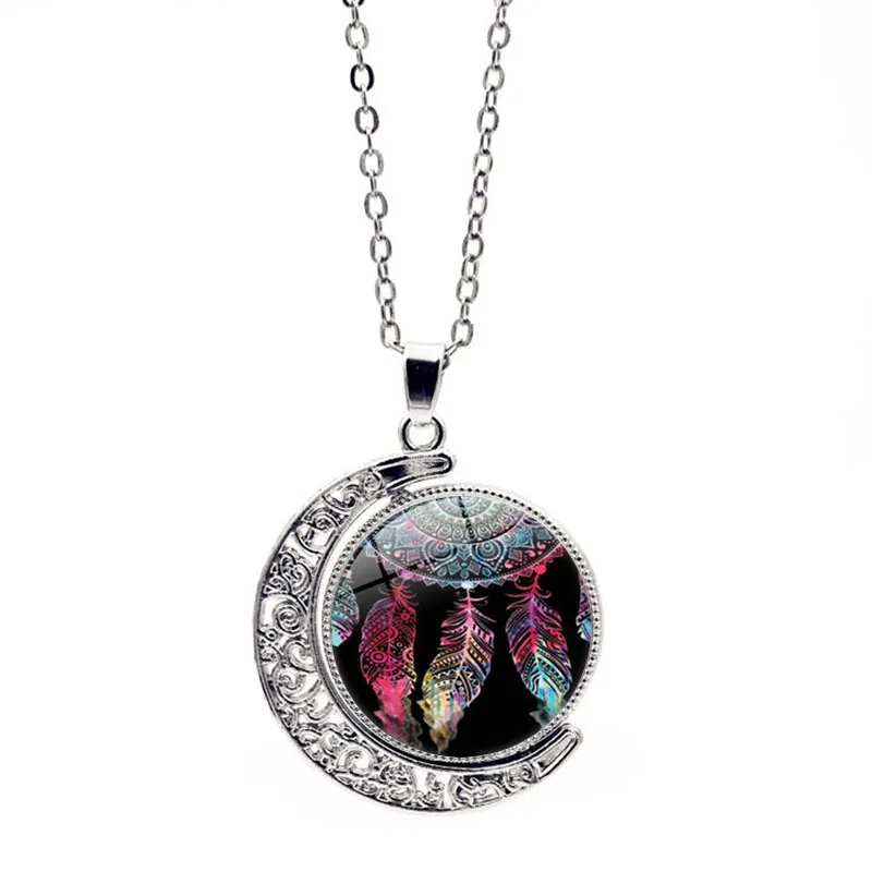 Colorful Feathers Pattern Necklace Women Vintage Sweater Chain Fashion Moon Glass Double Side Rotation Pendant Jewelry |