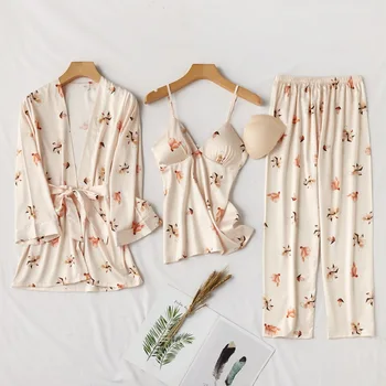 

Spring Women Ice Silk Pajamas Set Sexy Thin Floral Print 3 pieces Pijama Home Wear Sleepwear Lounge Pyjama with Chest Pads