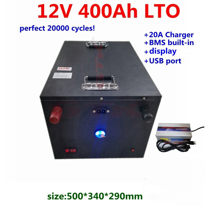 20000 Cycles LTO 12V 400Ah 350Ah Lithium Titanate Battery Pack with BMS for solar system motorhome RV energy system+20A Charger