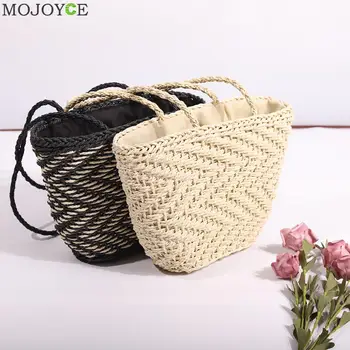 

Vintage Straw Shoulder Weaving Bucket Beach Holiday Bag Women Woven Rattan Small Beach Summer Bucket Totes Handbags