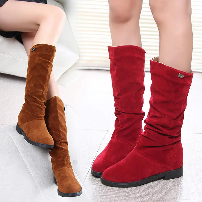 

Slip-On Solid Fashion Round Toe Long Boots for Women Knee-High Casual Sewing Autumn Winter Boots Low Flat With Flock Shoes