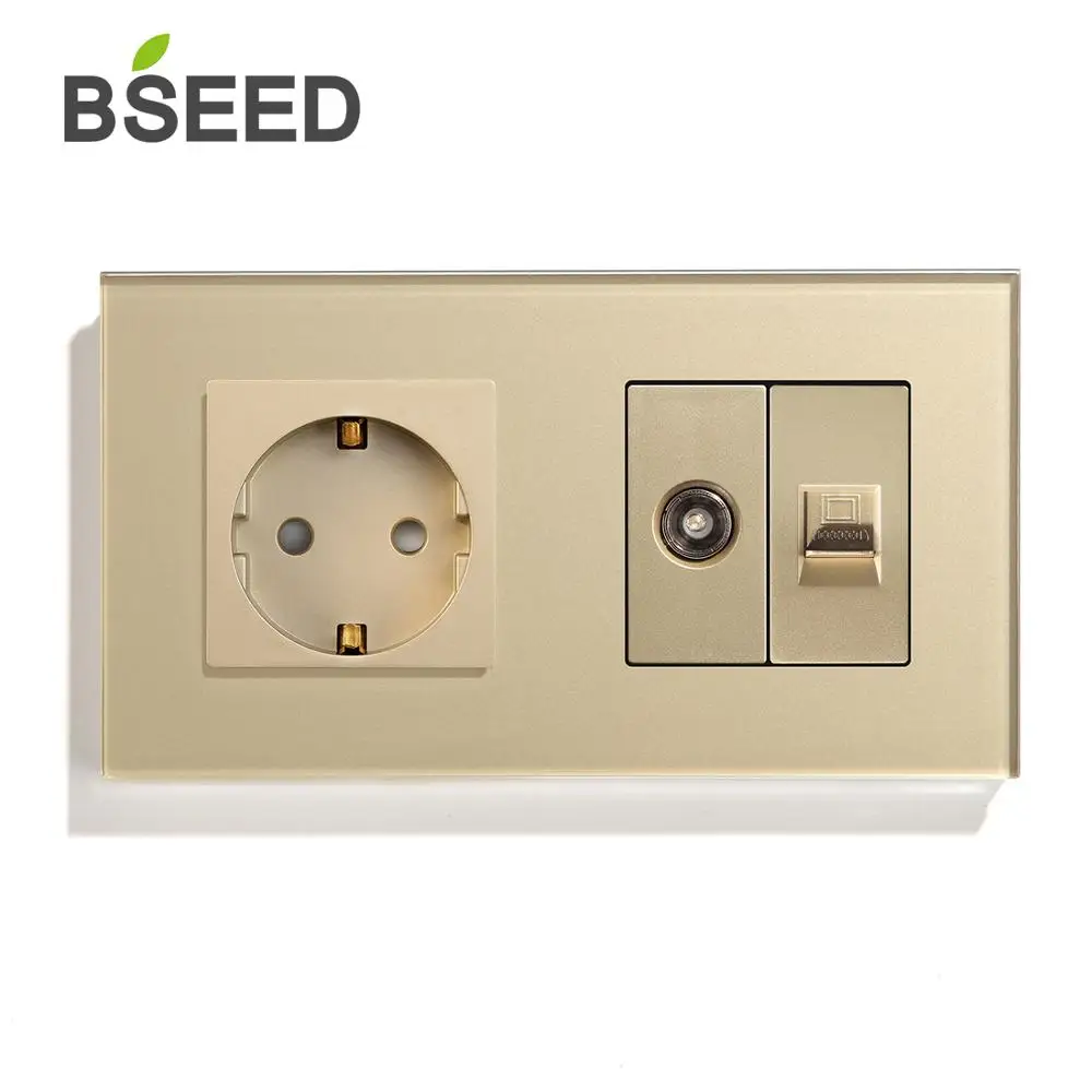BSEED настенная розетка стандарта ЕС с ТВ ПК Розетка кристальная стеклянная панель белый черный золотой стандарт ЕС 157 мм
