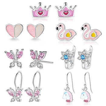 

Stud Earrings 925 Sterling Silver Butterfly Earrings Silver CZ Crystal Pink Earrings for Women Kids Christmas Jewelry Gift