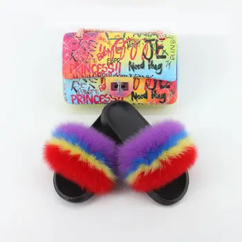 

100% real fox fur slippers women fur slides rainbow shoe cute fur flip flops women travel Furry shoes jelly bags Set fashion bag