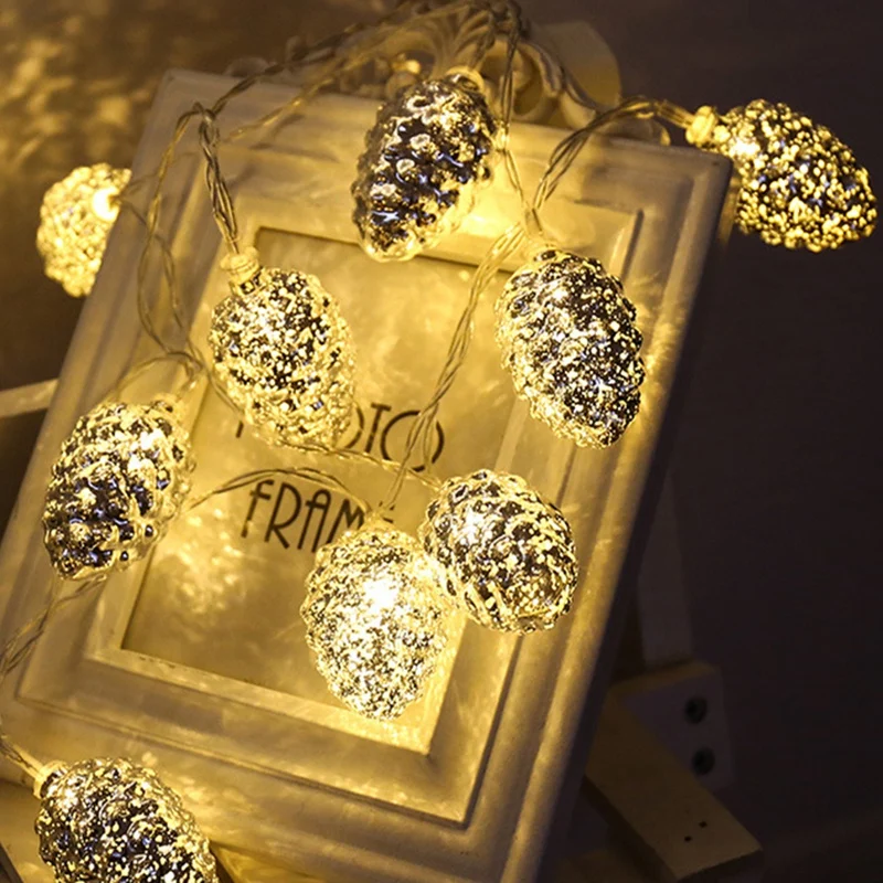 

10 Led Silver Pine Nuts Battery Operated String Lights 1.5M LED Decoration for Christmas Garland on the Window New Year