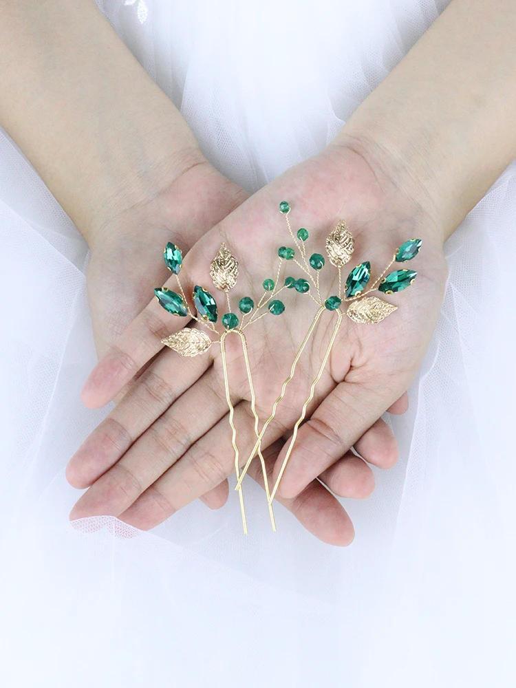 Green Rhinestones Wedding Hairpins Gold Leaves Bridal Hair Clips Prom Banquet Women Hair Accessories Festival Jewelry hair accessories,bridal hair accessories