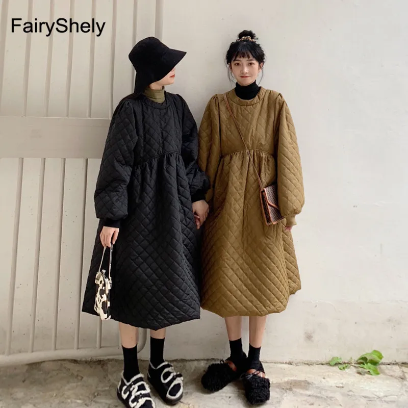 FairyShely, новинка, винтажное женское облегающее платье с длинным рукавом, зимнее Хлопковое платье, черное теплое утолщенное ветрозащитное платье