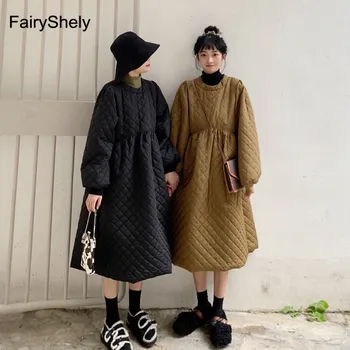 

FairyShely 2019 New Vintage Women Bodycon Long Sleeve Dress Winter cotton dress black Warm thickening Windproof