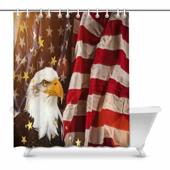 

North American Bald Eagle with American Flag Fabric Shower Curtain Decor with Hooks, es