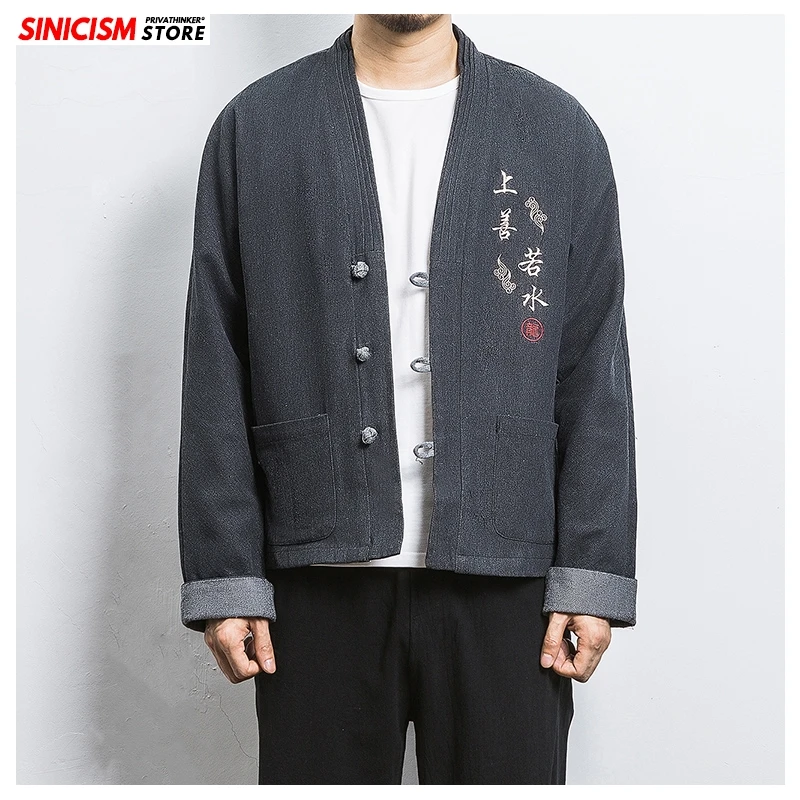 Sinicism Store Мужская Повседневная джинсовая куртка с вышивкой, мужская одежда с пряжкой в китайском стиле, мужские весенние винтажные модные джинсовые пальто