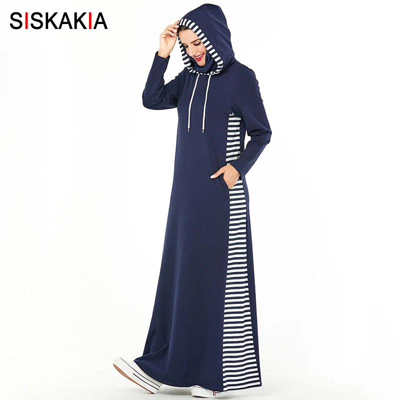 navy blue dress Siskakia, женское длинное платье с капюшоном, Осень-зима, модные платья в полоску зебры, пэчворк, мусульманская повседневная спортивная одежда - Цвет: navy blue dress