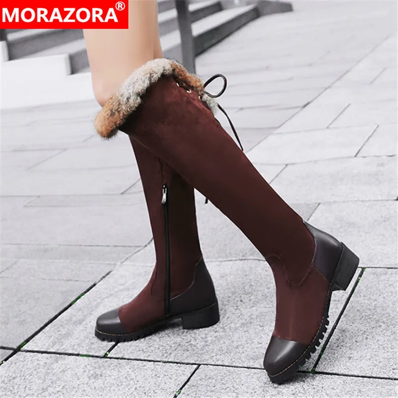 MORAZORA/; большие размеры 33-43; модные зимние сапоги до колена; женская обувь на среднем каблуке с квадратным носком; простые теплые женские сапоги
