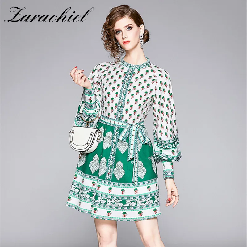 

2019 Autumn Winter Fashion Women Runway Dress Vintage Flower Printed Dot Green Round Neck Lantern Sleeve Mini Dress With Belt