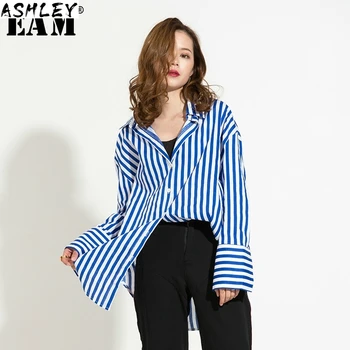 

Women Casual Striped Shirt Lapel Collar Puff Long Sleeve Loose Asymmetrical Fashion Blouse Female 2020 Fashion Tide