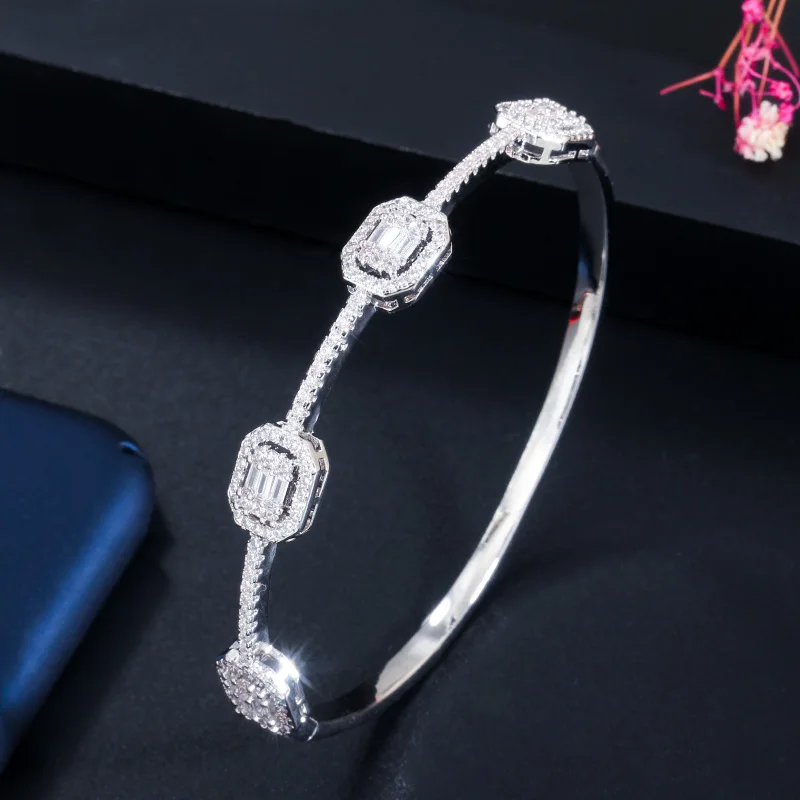 CWWZircons Luxury Stackable Statement Gold Bangle for Women Wedding Cubic Zircon Crystal CZ Dubai Silver Plated Bracelets BG041 5