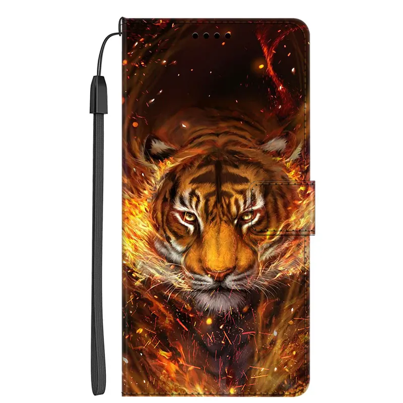 Elegant Leather Flip Phone Case with Wallet & Artistic Cat and Wolf Design