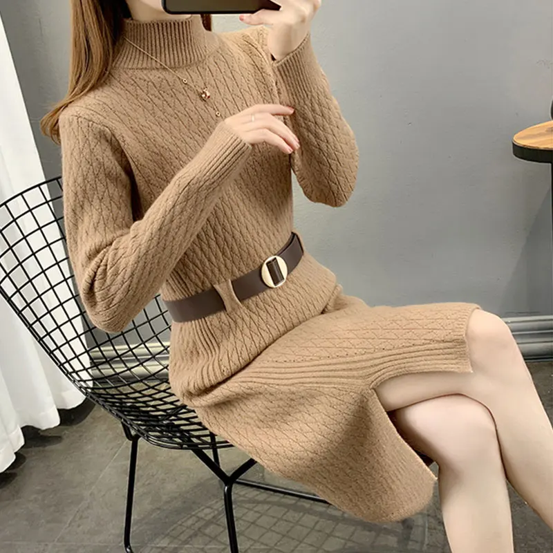 

Women Knitt Dress New Autumn Winter Sweater Female With Coat Fashion Length Sweater Ladies Loose Half High Neck Bottoming Shirt