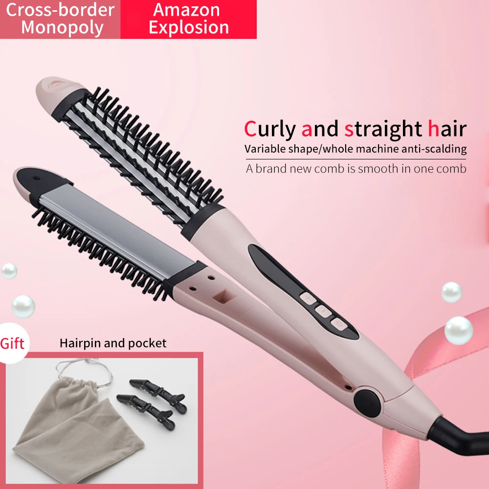 

Professional Flat Iron LED Hair Straightener brush 2 in 1 Ceramic Curling Iron hair curler for All Hair Types