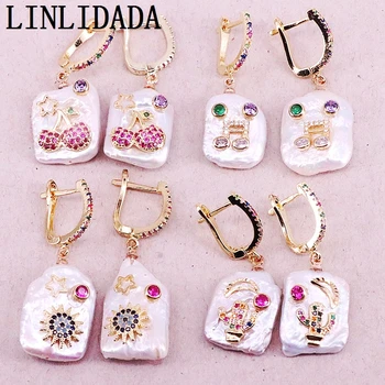 

5Pair Gold Filled Nature Pearl Micro Rainbow CZ Paved Charms Dangle Jewelry For Women Fashion Earrings