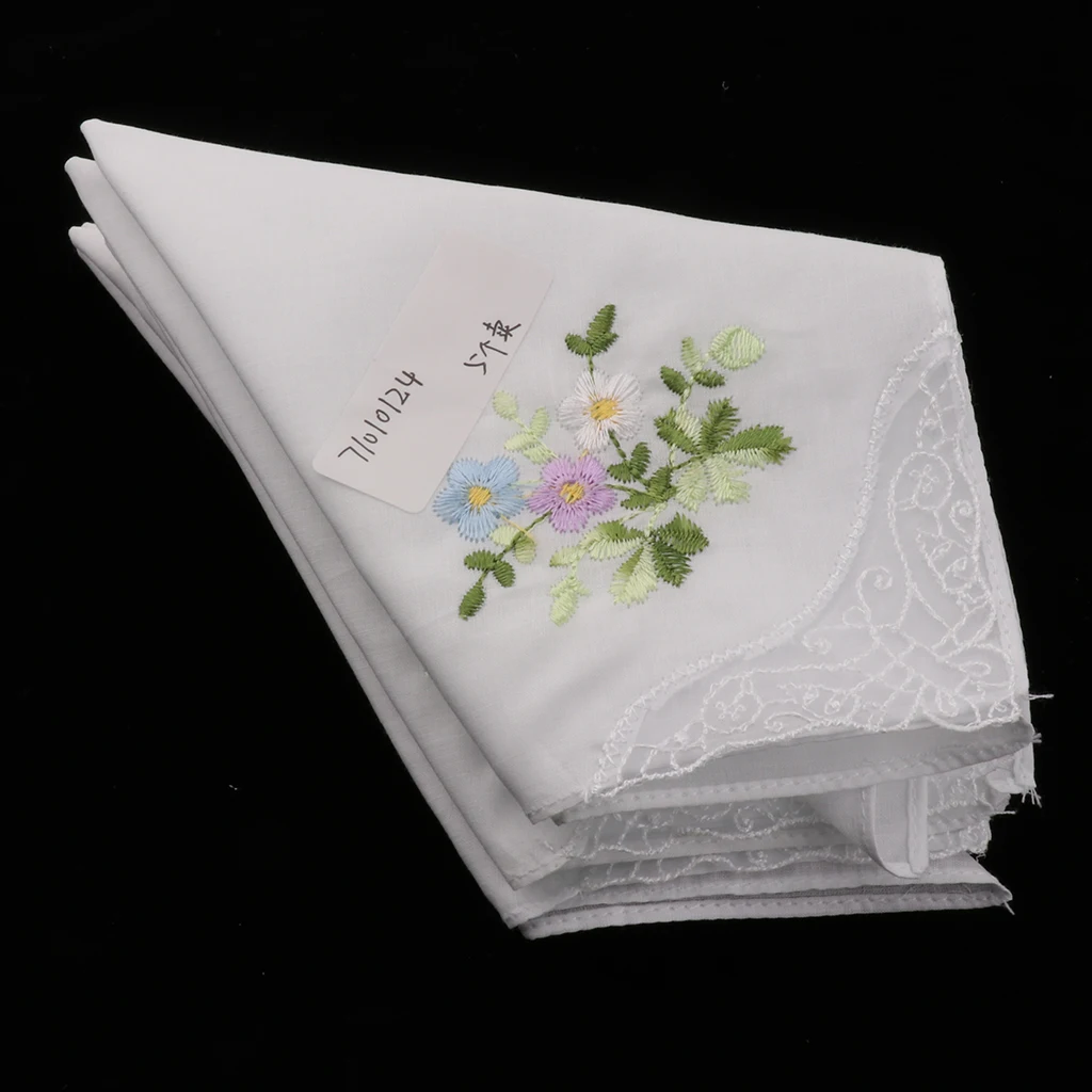 5pcs Womens 27 cm Cotton Hankies Thin Floral Embroidered Lace Handkerchief Hanky Lady White Pocket Square Scarves носовые платки