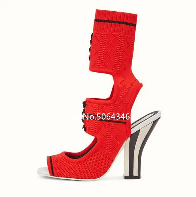 Hollow Breathable Elastic Knitting Women Boots Peep Toe Slip-on Chunky Heel Fashion Design Mixed Color Boots Femme