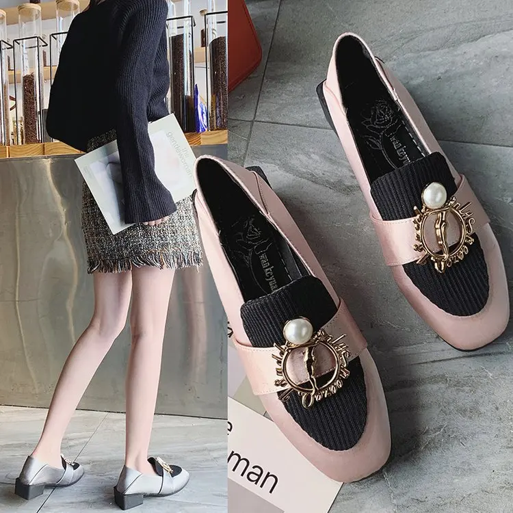 

Slip-on Retro Loafers Women's Chunky-Heel Step on with Double Purpose Low Heel Shoes Mixed Colors British-Style Metal Buckle Dar