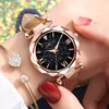 Women Watch Fashion Leather Band Ladies Quartz Wrist Watch Starry Sky Round Dial Roman Number Rhinestone Leather Band Watch Cute 2