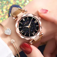 Women Watch Fashion Leather Band Ladies Quartz Wrist Watch Starry Sky Round Dial Roman Number Rhinestone Leather Band Watch Cute 2