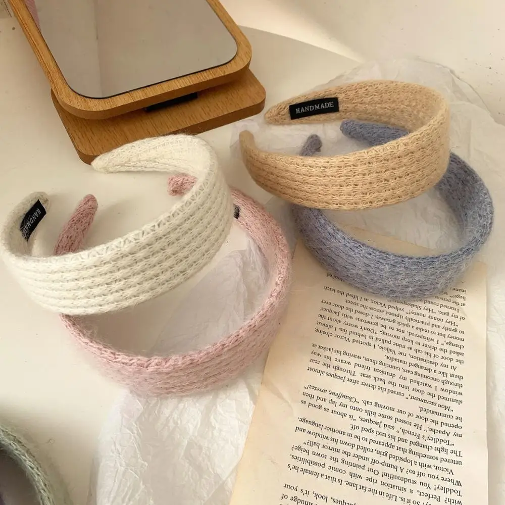 

2021 Winter Mohair Knitted Hairbands Ladies Wide Solid Warm Fur Headbands For Women Girls Hair Hoop Accessories Headwear