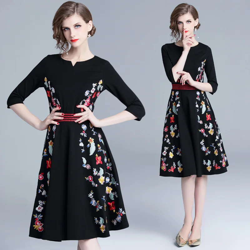 

Ozhouzhan 2018 Autumn Clothing New Style Women's Floral Umbrella Pendulum Skirt Slim Fit Black Embroidery Contrast Color Dress F