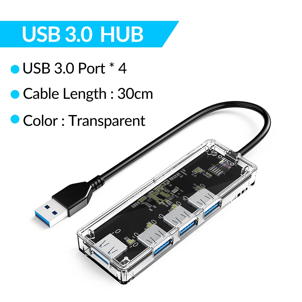 ORICO прозрачный usb-хаб мульти высокоскоростной USB3.0 2,0 сплиттер 4 порта OTG адаптер для чтения карт для настольных ПК Аксессуары для ноутбуков - Цвет: 4 USB3.0 30CM