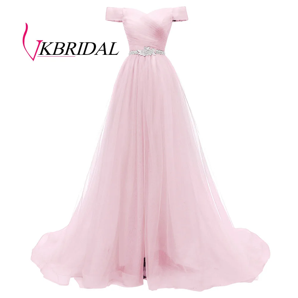 Розовый VKBRIDAL, Красное длинное вечернее платье с открытыми плечами и поясом, расшитое бисером, винтажные платья для выпускного вечера, vestido de festa, недорогое вечернее платье со шнуровкой на спине - Цвет: Розовый