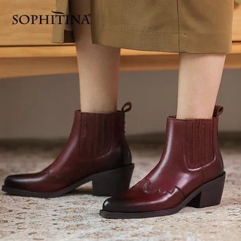 

SOPHITINA Women's Shoes Classics Concise High Quality Leather Ankle Boots Pointed Toe High Heel Slip-On Short Boots Women MO660