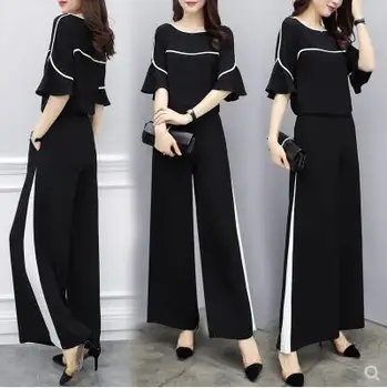 

Women's Wear Summer Dress Two Piece Pants Chiffon Short Sleeve Gao Waist Slim Wide Leg Pants Leisure Suit Female