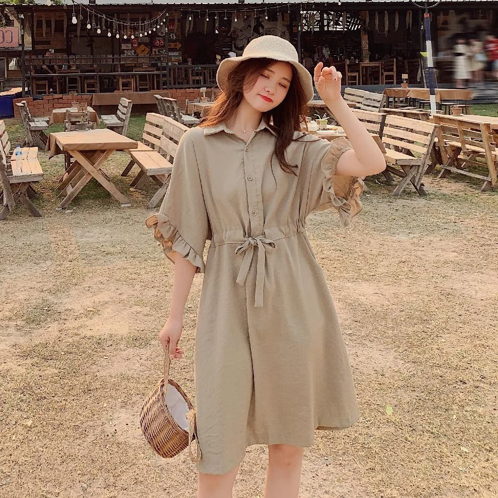 

Photo Shoot CHIC Literature And Art Elegant Ol Cotton Linen Mid-length Fold-down Collar Drawstring Waist Hugging Hipster A- line