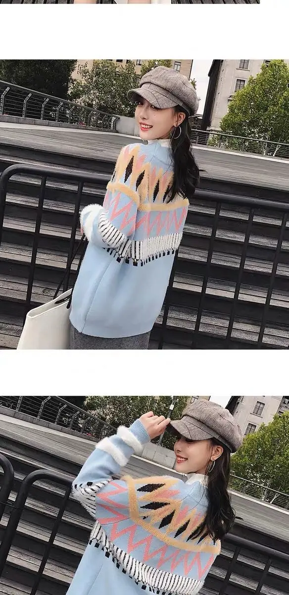 Woman Sweater Knitting New Girl V-neck Jacquard Straight Bottom Clothing Sweater Winter Sweater Cardigan Short Wool Coat