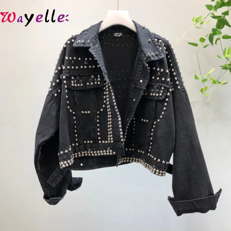 

Rivet Denim Loose Short Jackets Jacket Women Hand Studded High Quality Jeans Jacket UK Style Basic Black Coats Jacket Women