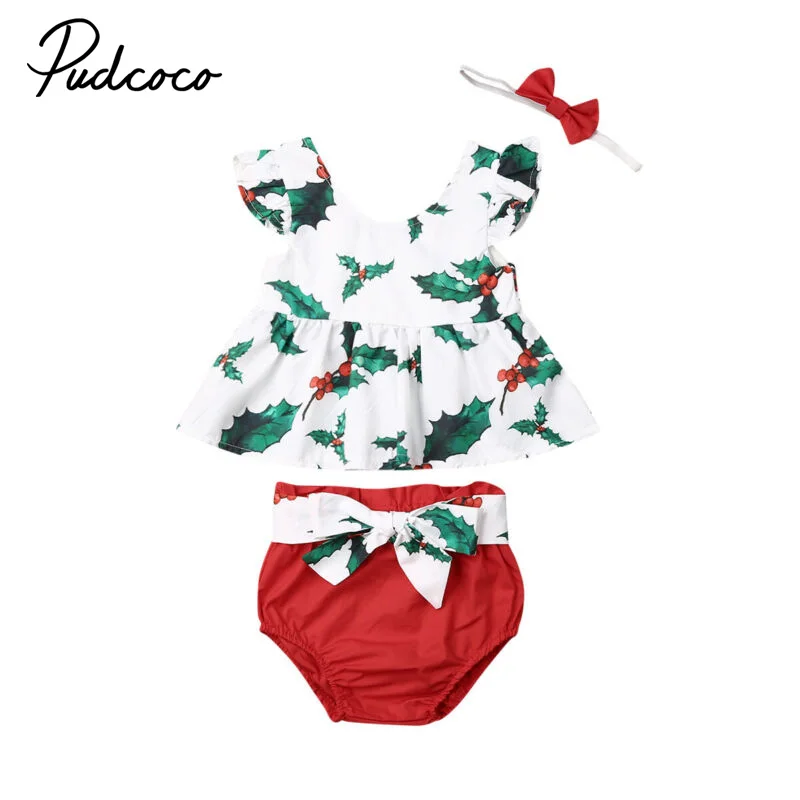 

2020 Baby Summer Clothing Xmas Toddler Baby Girls Christmas Leaves Romper+ Shorts Pants Bodysuit Floral 3Pcs Outfit Clothes