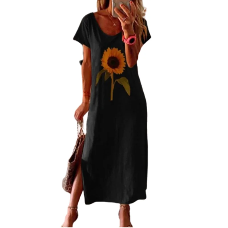 

Floral Print Short Sleeve Women Dresses Summer O-Neck Sunflower Print Dress Loose Casual Lady Split Mid-Calf Dress Big Size 5XL