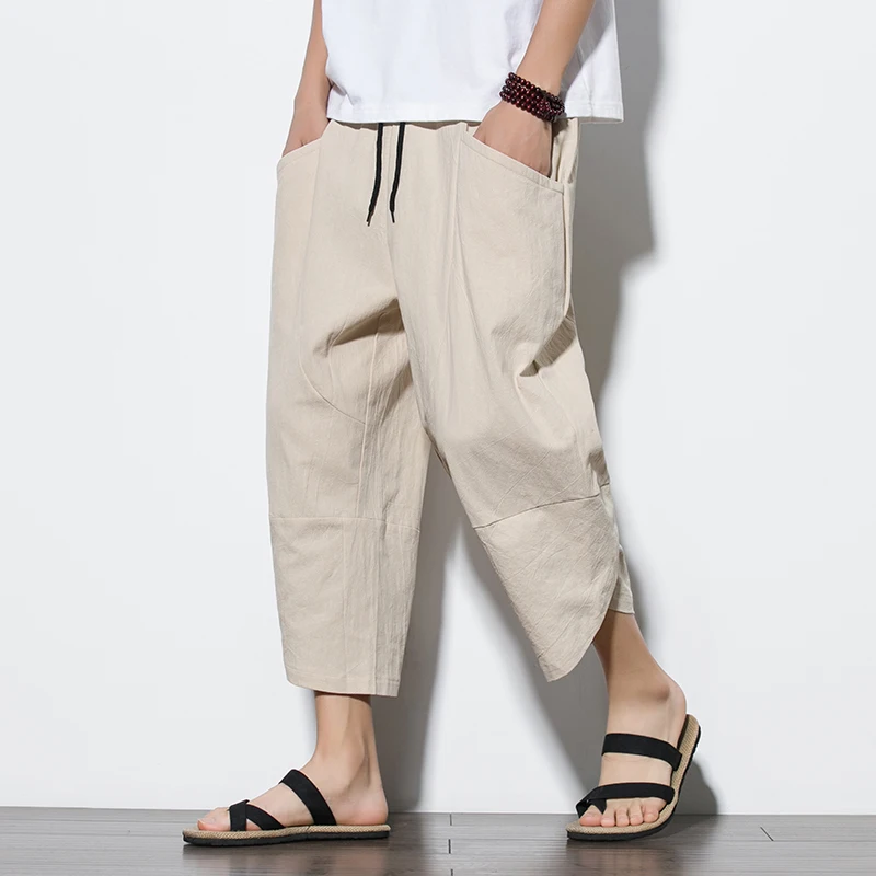 Katoen Linnen Wijde Pijpen Broek Heren Chinese Stijl Patchwork Vintage Leisure Broek Zomer Harembroek, Witte Xian Hij, XL