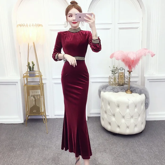

2019 Autumn And Winter New Style Elegant Velvet Crew Neck Long Sleeve Slim Fit Slimming Sheath Fishtail Dress Long Skirts Women'