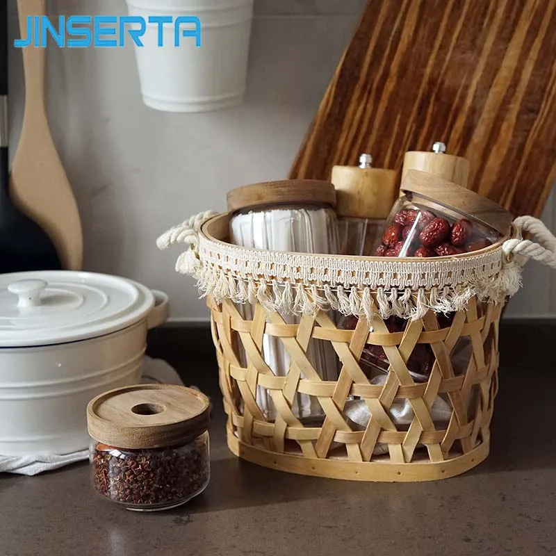 

JINSERTA Wooden Storage Basket Handcraft Dessert Bread Fruit Weaving Basket Sundries Organizer with Tassel Handle for Decor
