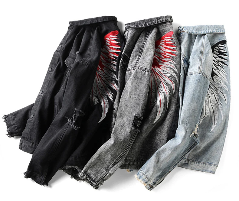 Марка New Fashion Hi Street Для Мужчин's рваные Джинсовые куртки крылья Джинсы с вышивкой куртки пальто на весну-осень для мужчин