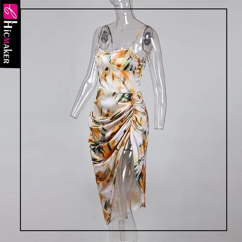 Abstract Print Spaghetti Strap High Slit Ruched Dress Women Stretch Sleeveless Sexy & Club Night Out Party Dress