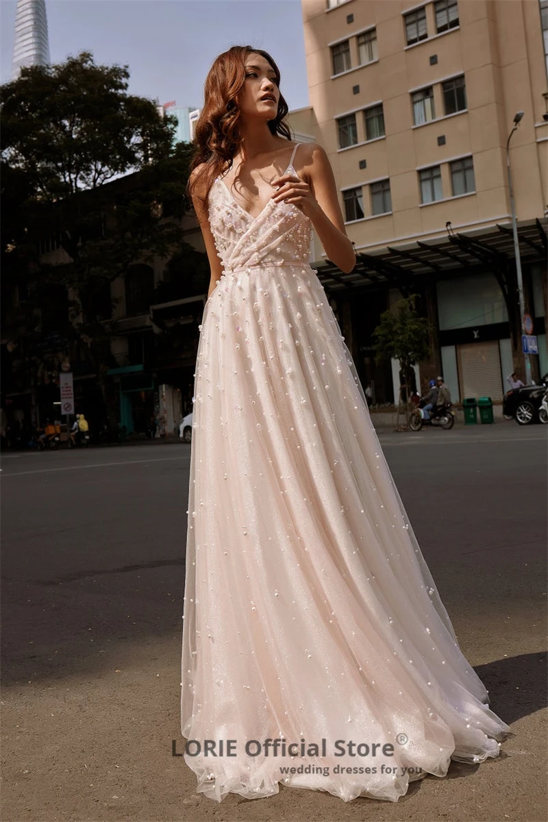 LORIE жемчужные тюлевые Свадебные платья Boho с v-образным вырезом без рукавов трапециевидной формы пляжные свадебные платья принцессы Свадебное платье размера плюс