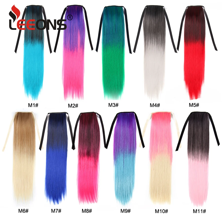 Leeons Synthetic Hair Ponytail Long Straight Around Clip In Ponytail Hair Extension Ombre Blue Cosplay Party