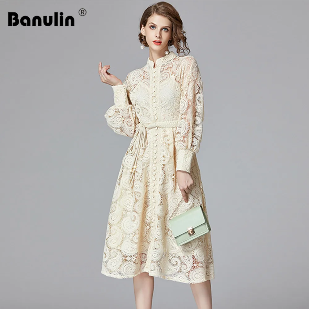 Banulin, высокое качество, мода, новые кружевные платья миди с поясом, женские платья с длинным рукавом